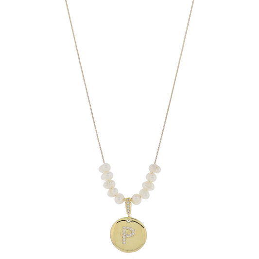 Small Freshwater Pearls and Pave Crystal Loop with Pave Crystal "P" Initial Gold Disc Adj. Necklace