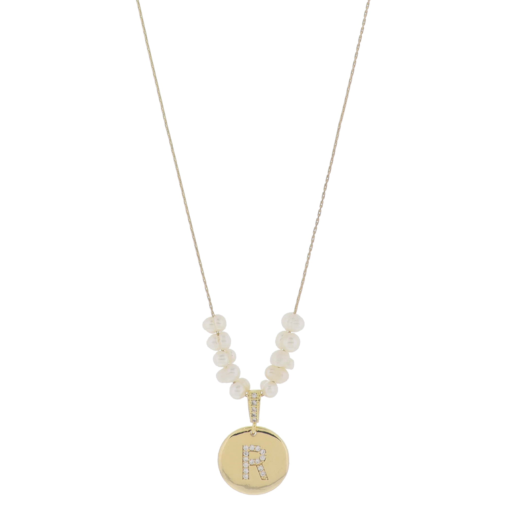 Small Freshwater Pearls and Pave Crystal Loop with Pave Crystal "R" Initial Gold Disc Adj. Necklace