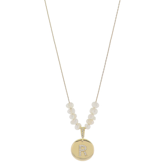 Small Freshwater Pearls and Pave Crystal Loop with Pave Crystal "R" Initial Gold Disc Adj. Necklace