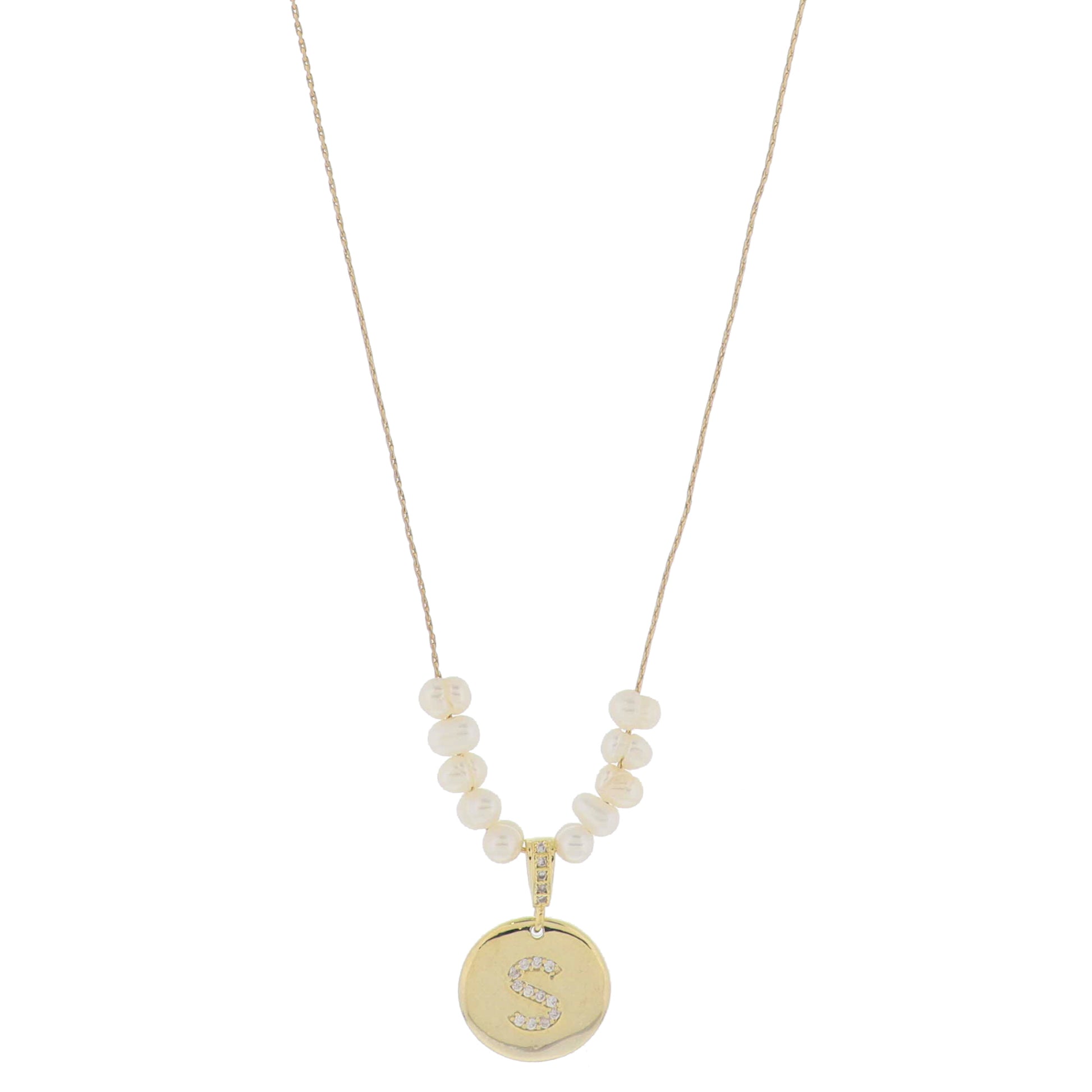 Small Freshwater Pearls and Pave Crystal Loop with Pave Crystal "S" Initial Gold Disc Adj. Necklace