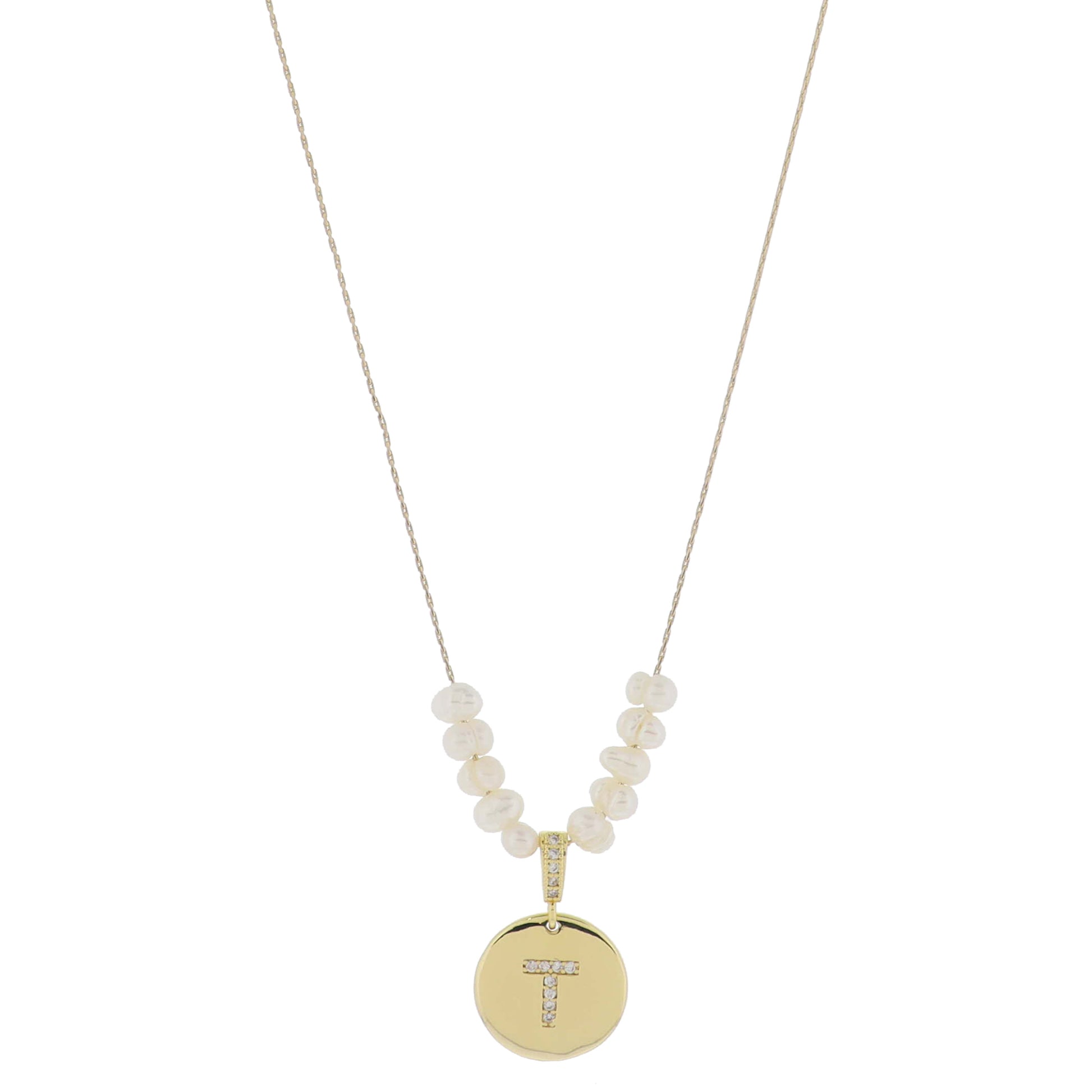 Small Freshwater Pearls and Pave Crystal Loop with Pave Crystal "T" Initial Gold Disc Adj. Necklace