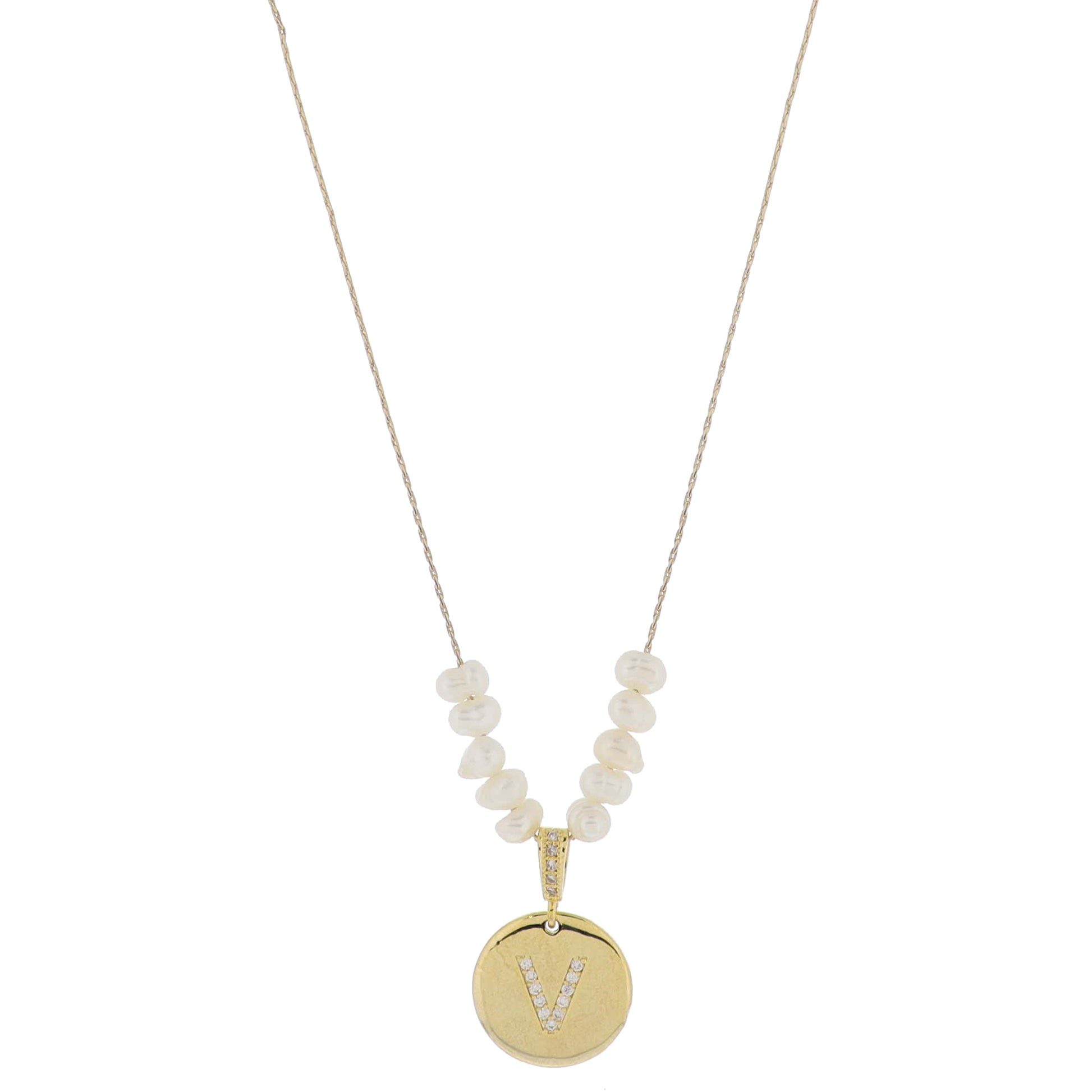 Small Freshwater Pearls and Pave Crystal Loop with Pave Crystal "V" Initial Gold Disc Adj. Necklace