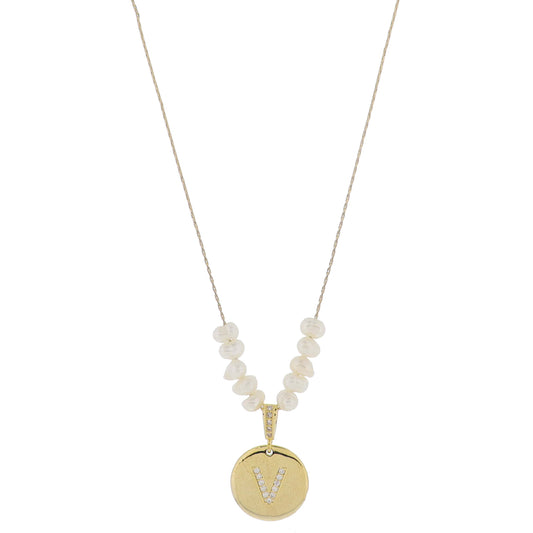 Small Freshwater Pearls and Pave Crystal Loop with Pave Crystal "V" Initial Gold Disc Adj. Necklace