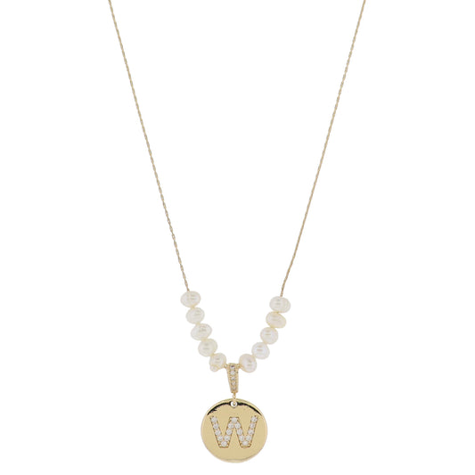 Small Freshwater Pearls and Pave Crystal Loop with Pave Crystal "W" Initial Gold Disc Adj. Necklace