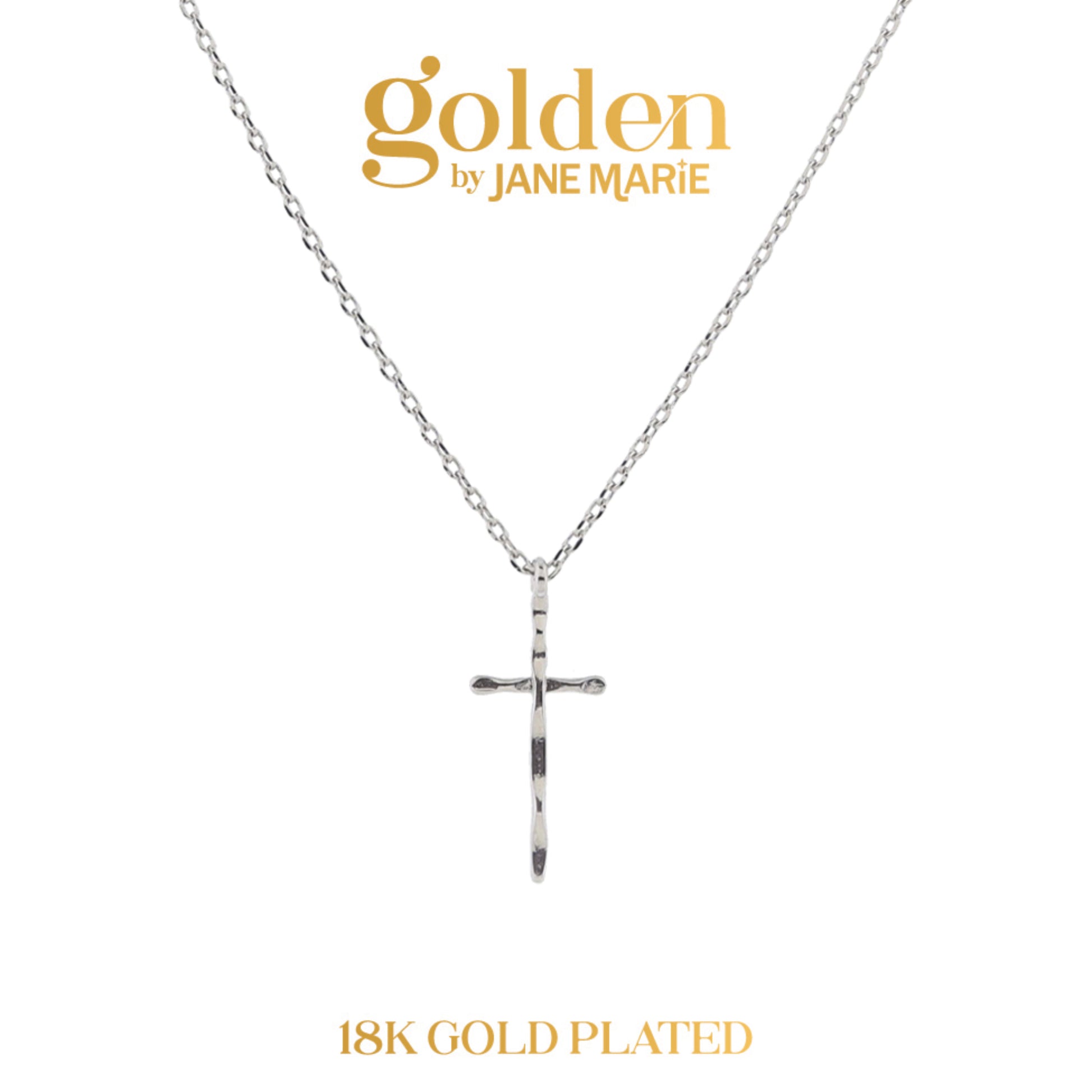 Golden Promise! 18K White Gold Plated Thin Hammered Cross Necklace