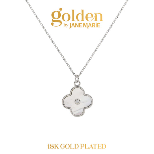 Golden Promise! 18K White Gold Plated Shell Inlay Clover with Crystal Necklace