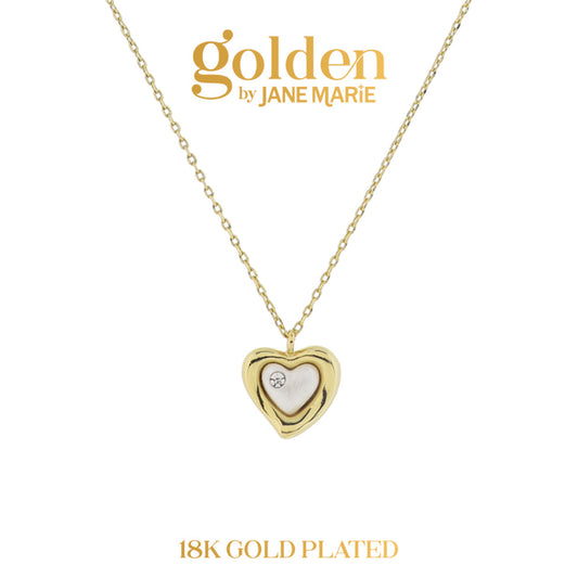 Golden Promise! 18K Gold Plated Wavy Heart with Pearl Heart & Crystal Accent Necklace