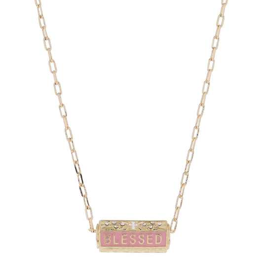 16" 6-Sided Cylinder Bar, White Cross with Crystals, Pink & Gold "BLESSED", Gold Necklace, 3" Ext