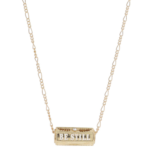 16" 6-Sided Cylinder Bar, Gold Greenery with Crystal, "BE STILL", Gold Starburst Necklace, 3" Ext