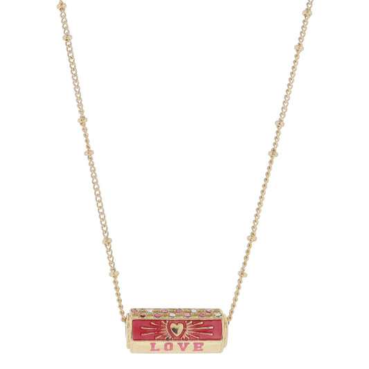 16" 6-Sided Cylinder Bar, Pink with Heart Burst, "LOVE", Pink Crystal Checkered Necklace, 3" Ext