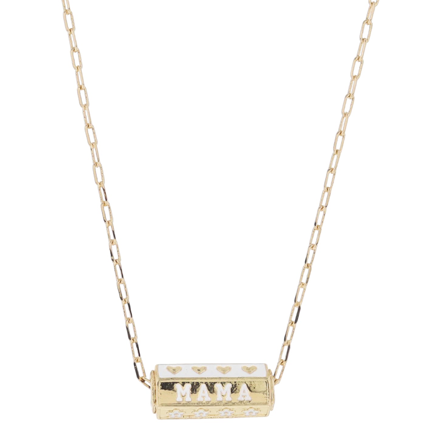 16" 6-Sided Cylinder Bar, White with Gold Hearts, "MAMA", Gold with White Flowers Necklace, 3" Ext