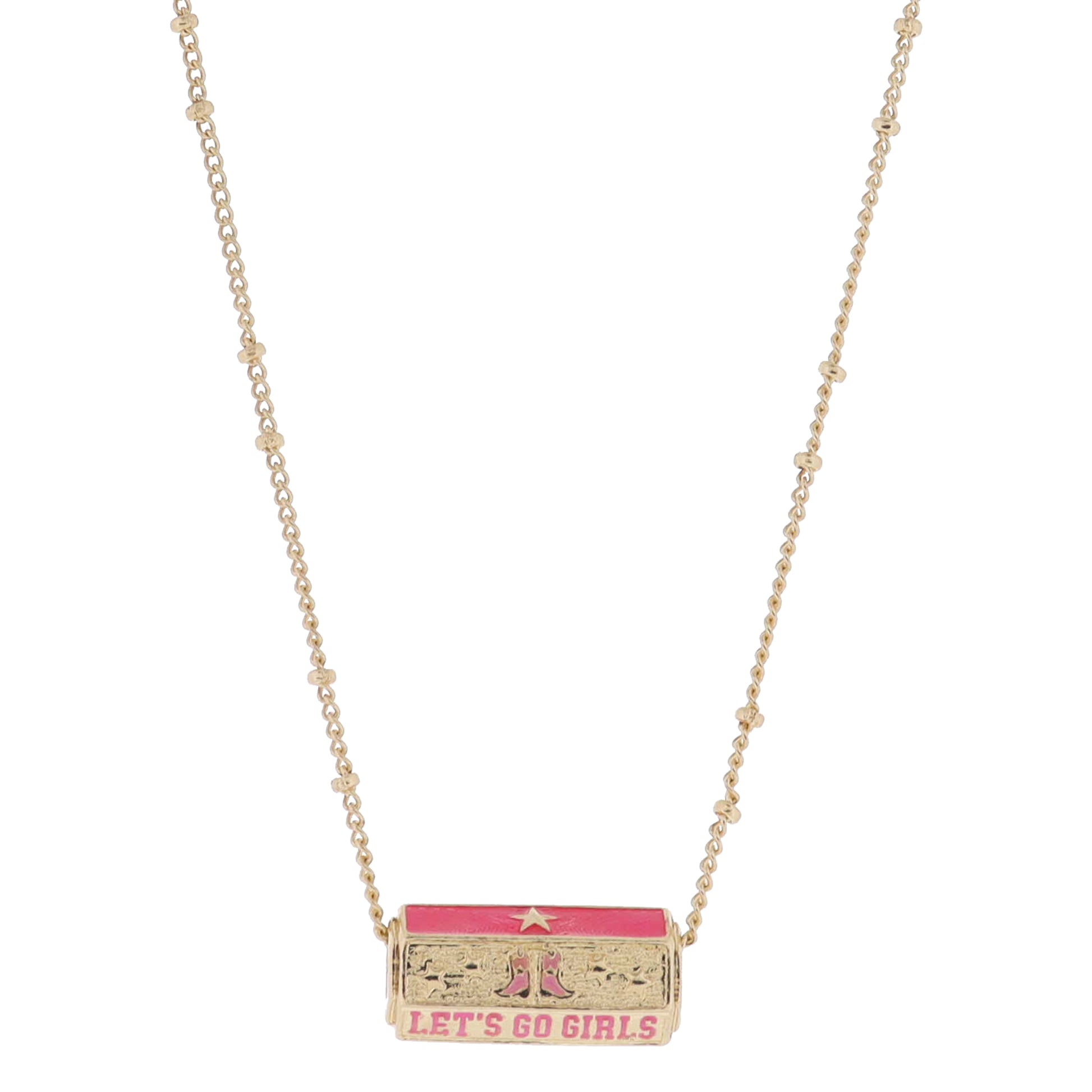16" 6-Sided Cylinder Bar, Gold Stars & Pink Cowgirl Boots, "LET'S GO GIRLS", Star Necklace, 3" Ext