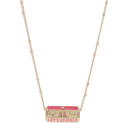 16" 6-Sided Cylinder Bar, Gold Stars & Pink Cowgirl Boots, "LET'S GO GIRLS", Star Necklace, 3" Ext