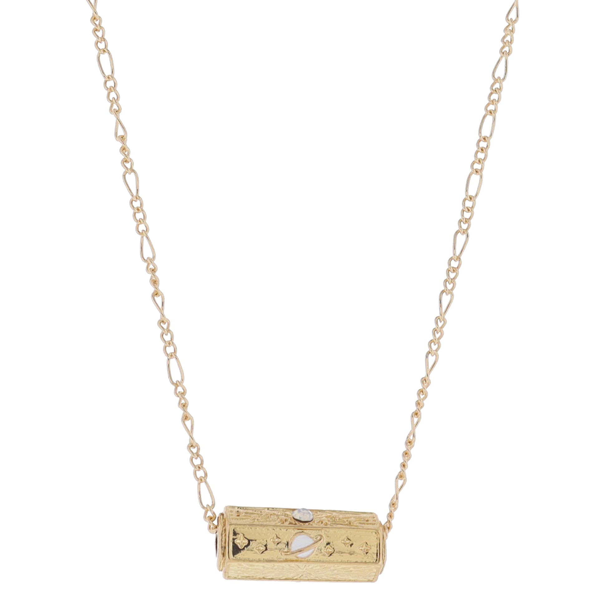 16" 6-Sided Cylinder Bar, Moonstone Crystal & Gold Stars, Gold Starburst, Planet Necklace, 3" Ext