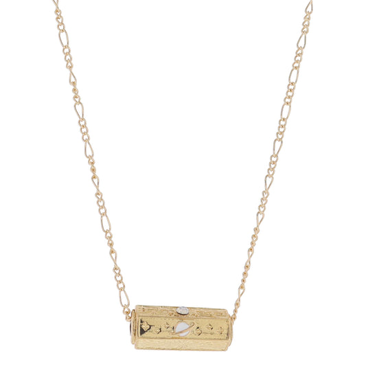 16" 6-Sided Cylinder Bar, Moonstone Crystal & Gold Stars, Gold Starburst, Planet Necklace, 3" Ext