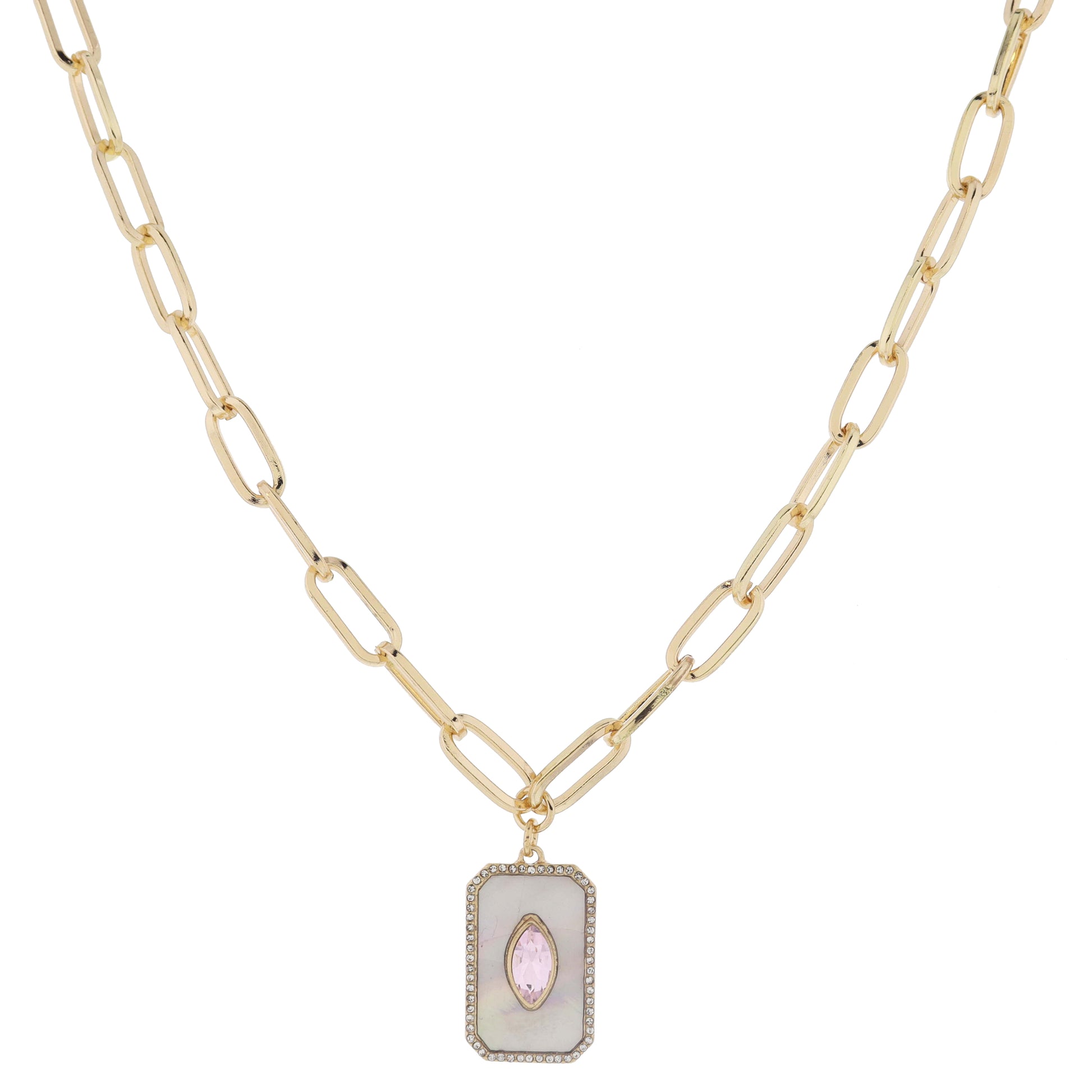 18" White Shell Inlay Rectangle with Pink Marquis Center Crystal Crystal Edge Necklace, 3" Ext