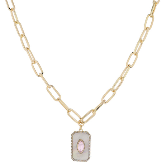 18" White Shell Inlay Rectangle with Pink Marquis Center Crystal Crystal Edge Necklace, 3" Ext