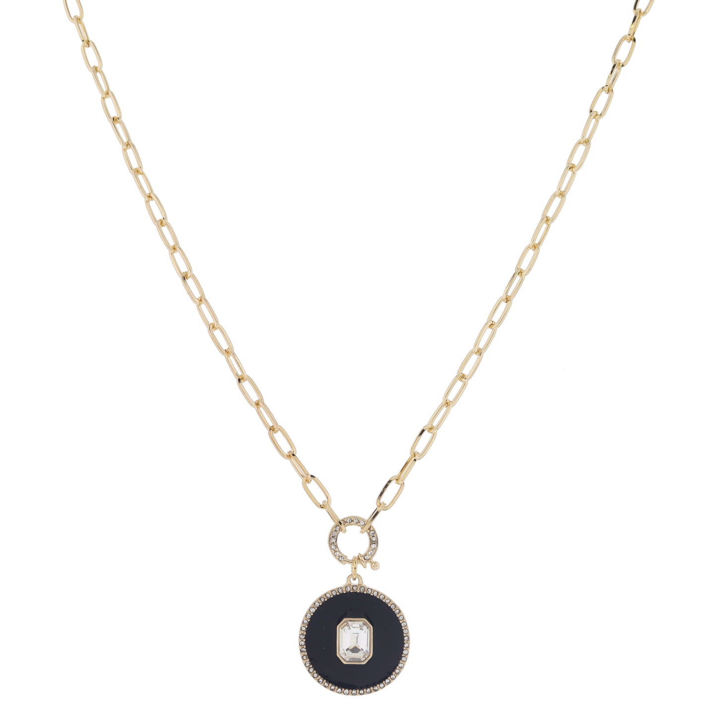 18" Crystal Spring Ring & Black Enamel Disc with Emerald Crystal & Crystal Edge Necklace, 3" Ext