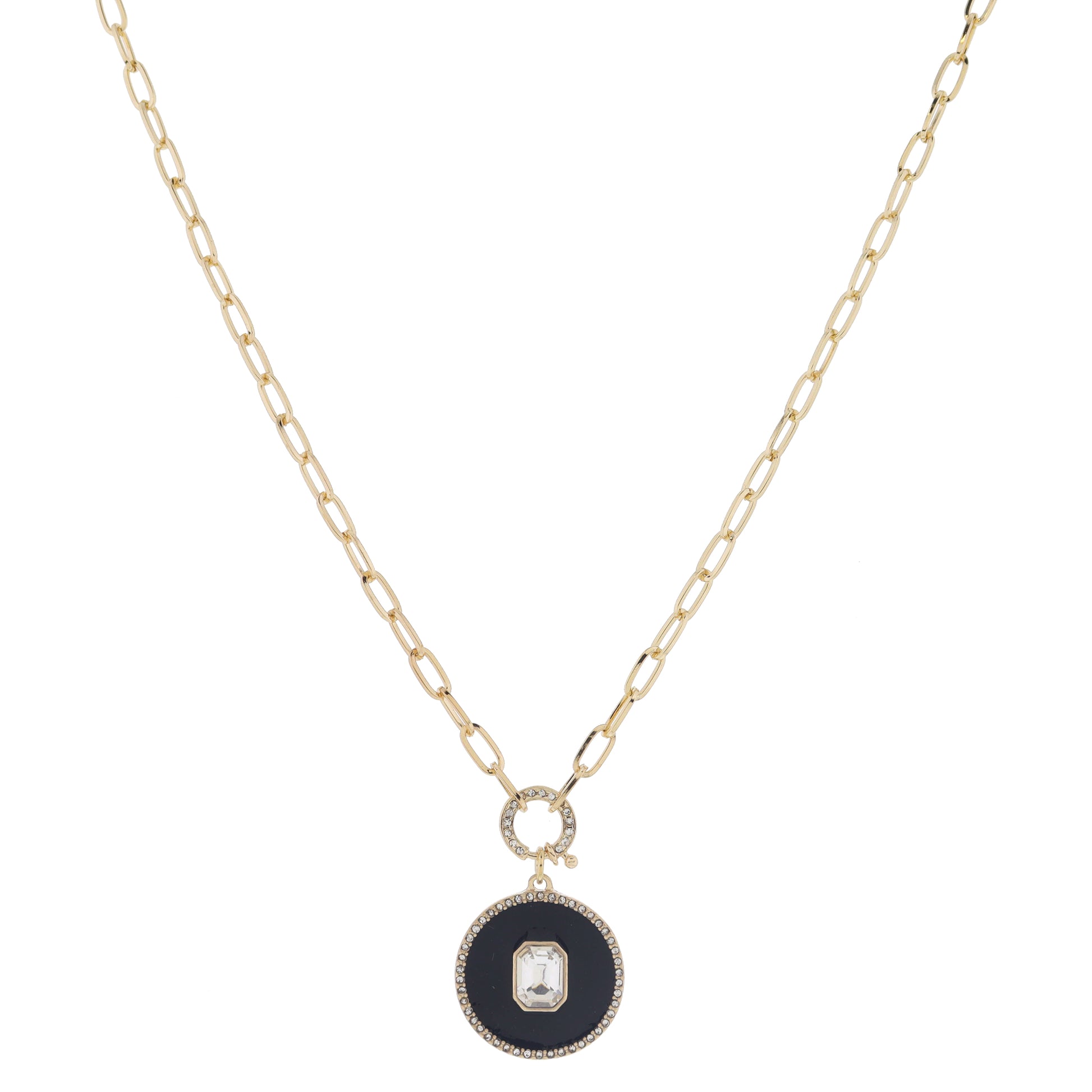 18" Crystal Spring Ring & Black Enamel Disc with Emerald Crystal & Crystal Edge Necklace, 3" Ext