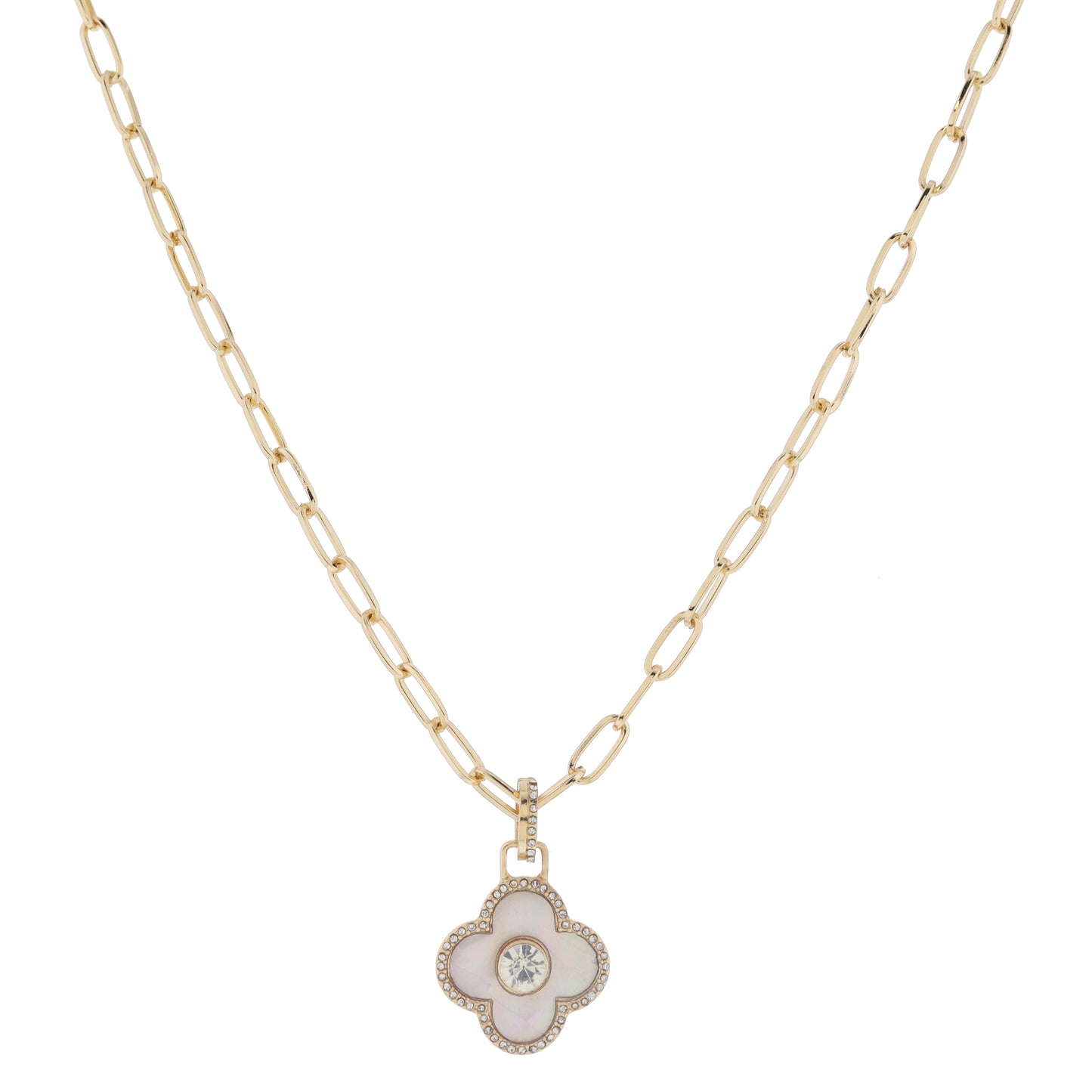 18" Crystal Ring White Shell Inlay Clover with Center Crystal & Mini Crystal Edge Necklace, 3" Ext