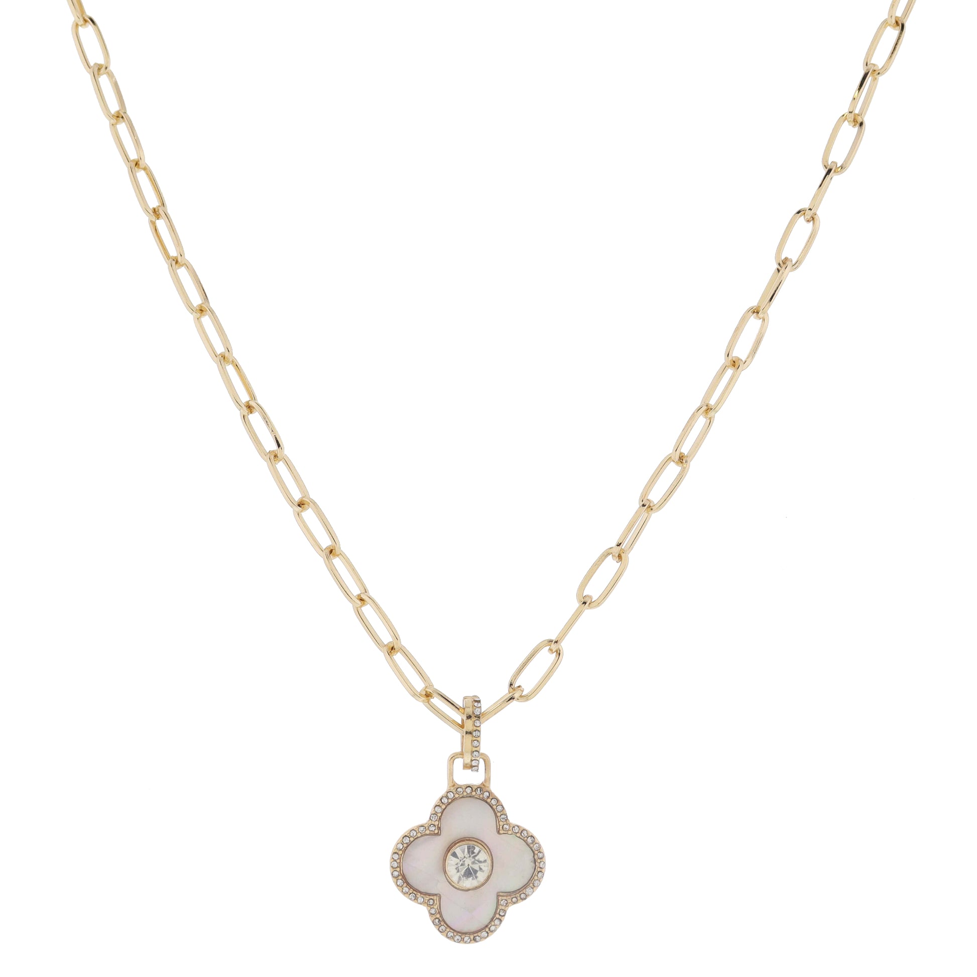 18" Crystal Ring White Shell Inlay Clover with Center Crystal & Mini Crystal Edge Necklace, 3" Ext