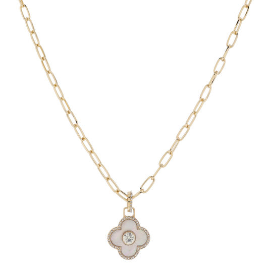 18" Crystal Ring White Shell Inlay Clover with Center Crystal & Mini Crystal Edge Necklace, 3" Ext