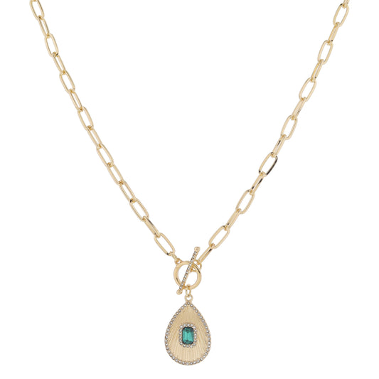 18" Crystal Toggle & Sunray Teardrop with Green Emerald Crystal & Crystal Edge Necklace, 3" Ext