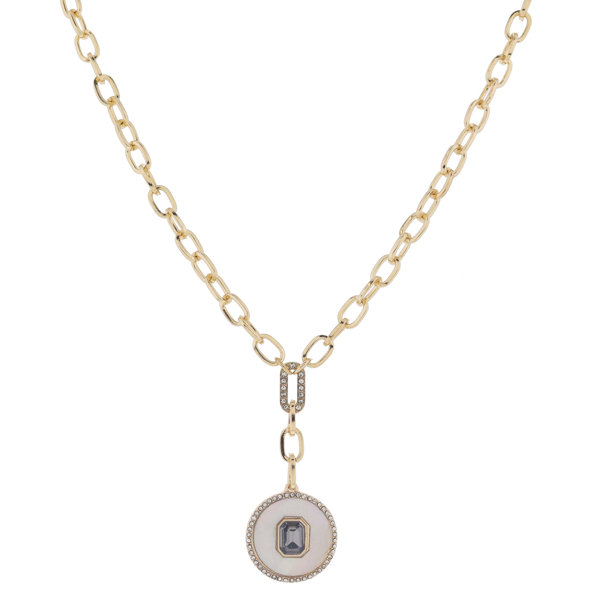 18" Crystal Paperclip Link with Chain Drop & Shell Inlay Disc with Black Crystal Necklace, 3" Ext