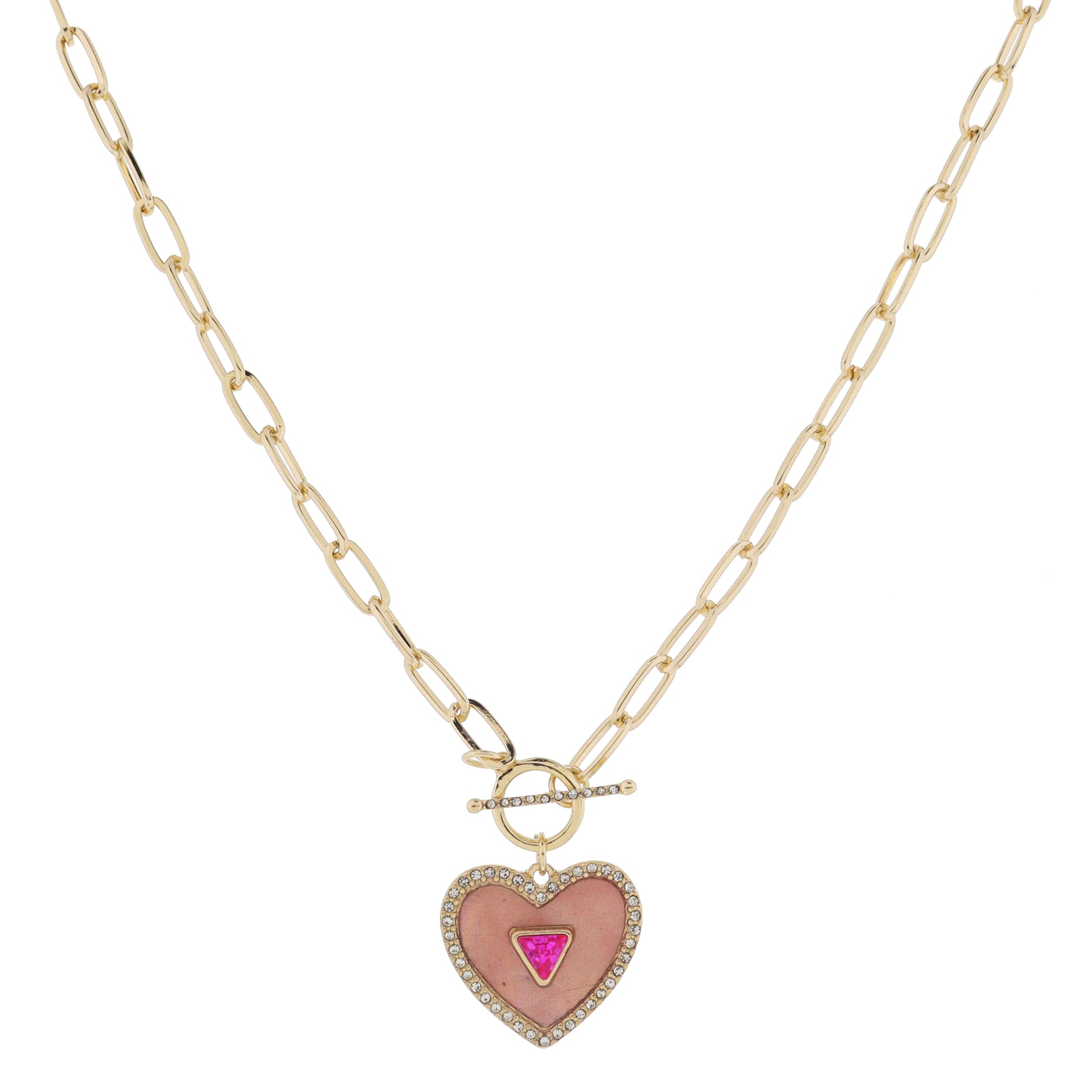 18" Crystal Toggle & Pink Shell Inlay Heart with Pink Triangle Crystal & Crystal Edge Necklace, 3" Ext