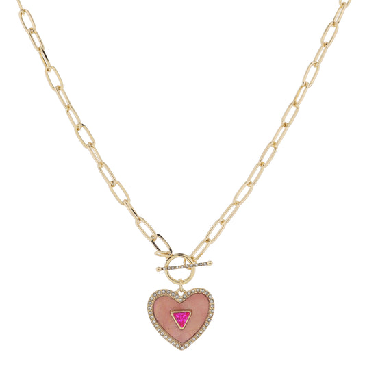 18" Crystal Toggle & Pink Shell Inlay Heart with Pink Triangle Crystal & Crystal Edge Necklace, 3" Ext