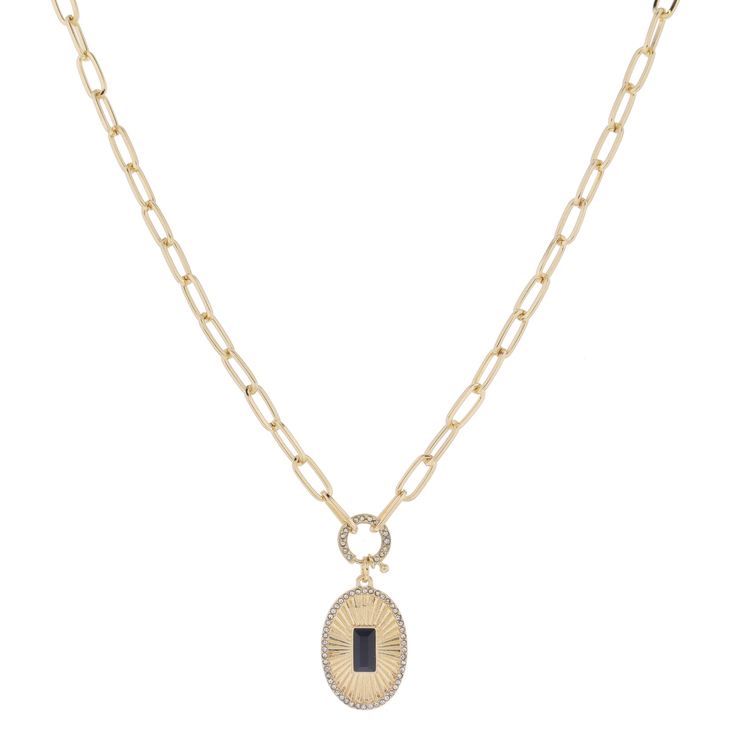 18" Crystal Spring Ring Gold Sunburst Oval with Jet Center Crystal & Crystal Edge Necklace, 3" Ext