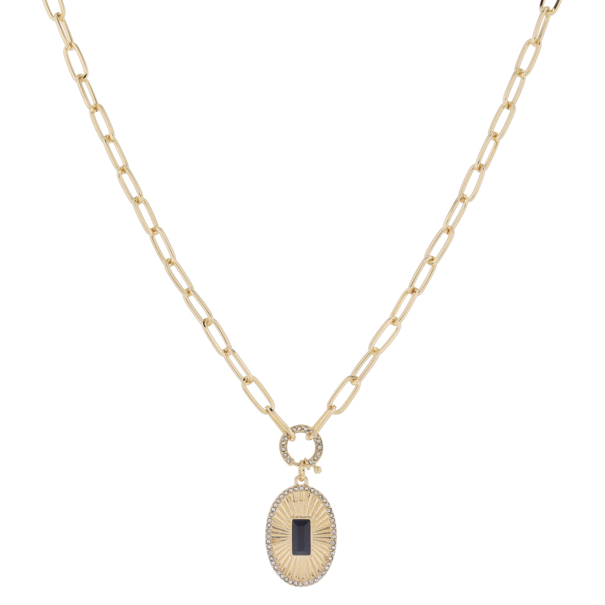 18" Crystal Spring Ring Gold Sunburst Oval with Jet Center Crystal & Crystal Edge Necklace, 3" Ext
