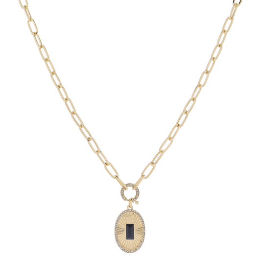 18" Crystal Spring Ring Gold Sunburst Oval with Jet Center Crystal & Crystal Edge Necklace, 3" Ext