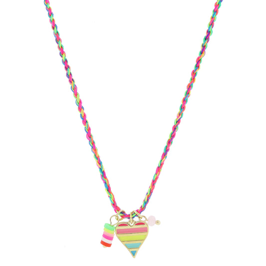 Kids 14" Multi Rubber Sequin Dangle, Multi Striped Heart, Pink Bead Charm Cluster Necklace, 3" Ext