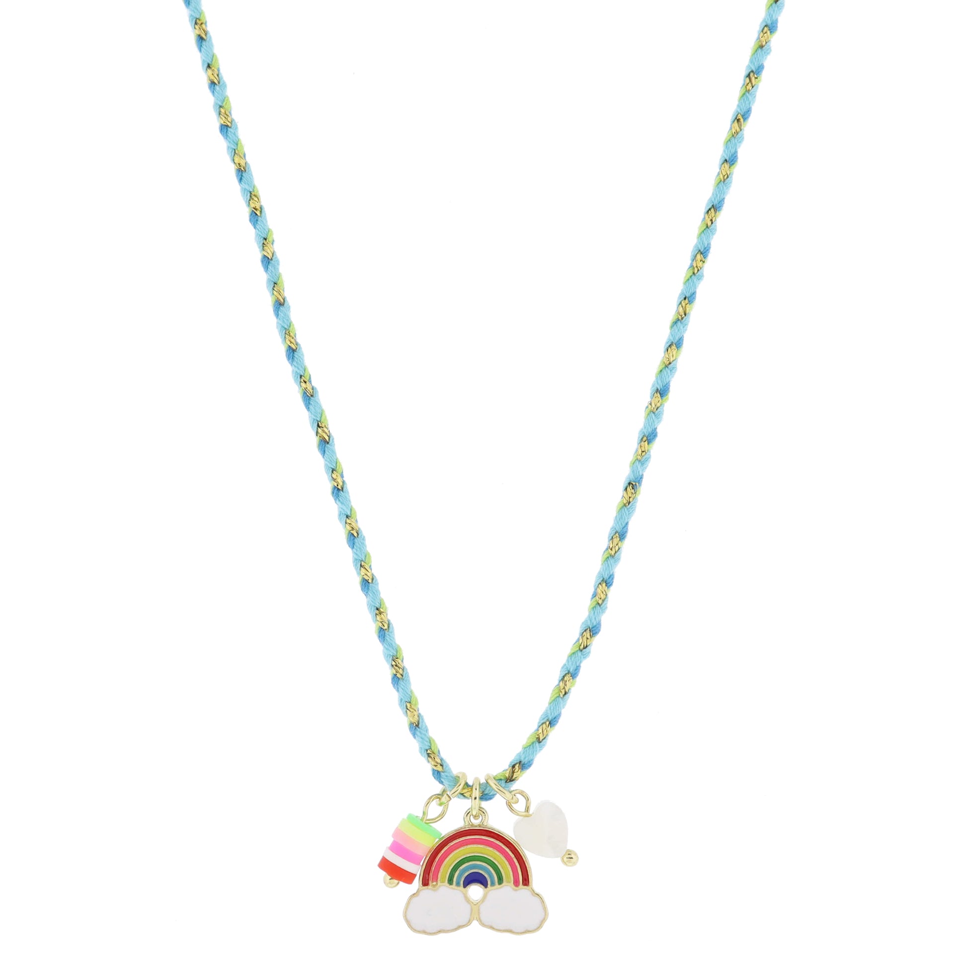 Kids 14" Multi Rubber Sequin Dangle, Rainbow, White Shell Heart Charm Cluster Necklace, 3" Ext
