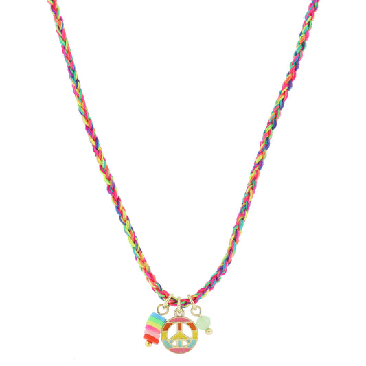 Kids 14" Multi Rubber Sequin Dangle, Multi Striped Peace Sign, Green Bead Charms Necklace, 3" Ext