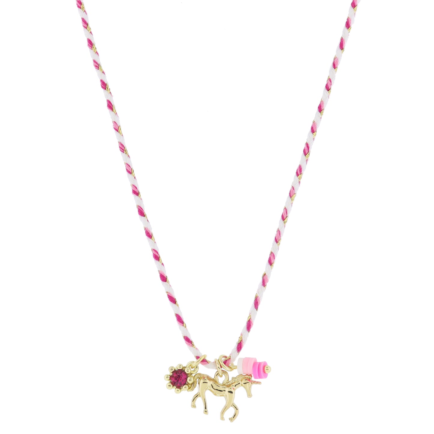 Kids 14" Pink Flower Crystal, Unicorn, Pink Rubber Sequin Dangle Charm Cluster Necklace, 3" Ext