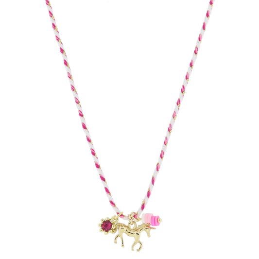 Kids 14" Pink Flower Crystal, Unicorn, Pink Rubber Sequin Dangle Charm Cluster Necklace, 3" Ext