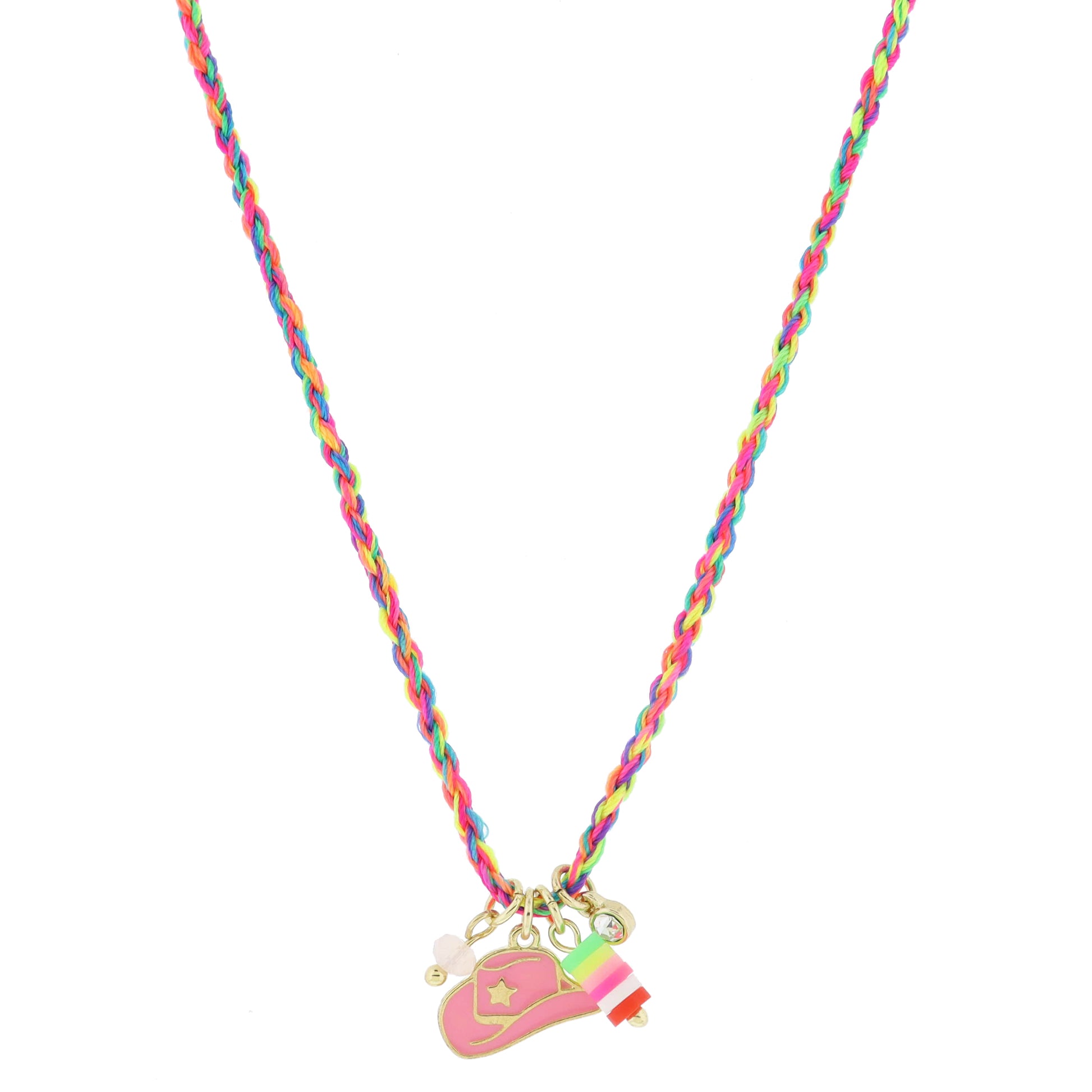 Kids 14" Pink Bead, Pink Cowgirl Hat, Multi Rubber Sequin Dangle, Crystal Charms Necklace, 3" Ext