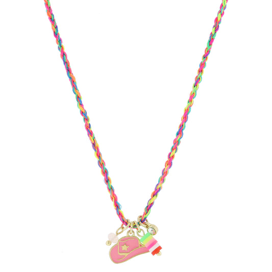 Kids 14" Pink Bead, Pink Cowgirl Hat, Multi Rubber Sequin Dangle, Crystal Charms Necklace, 3" Ext