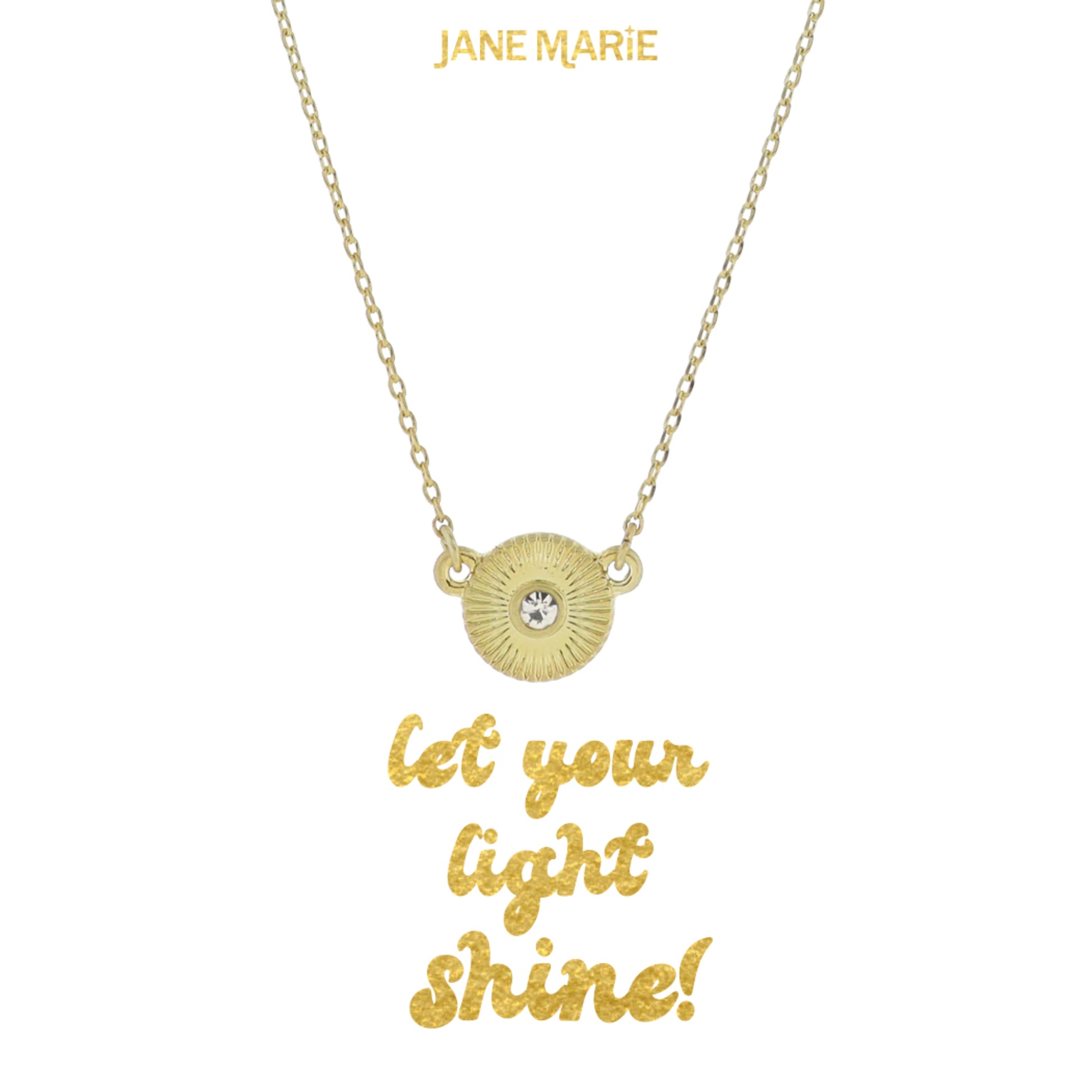 16" Gold Starburst Disc with Mini Center Crystal Necklace, 3" Ext