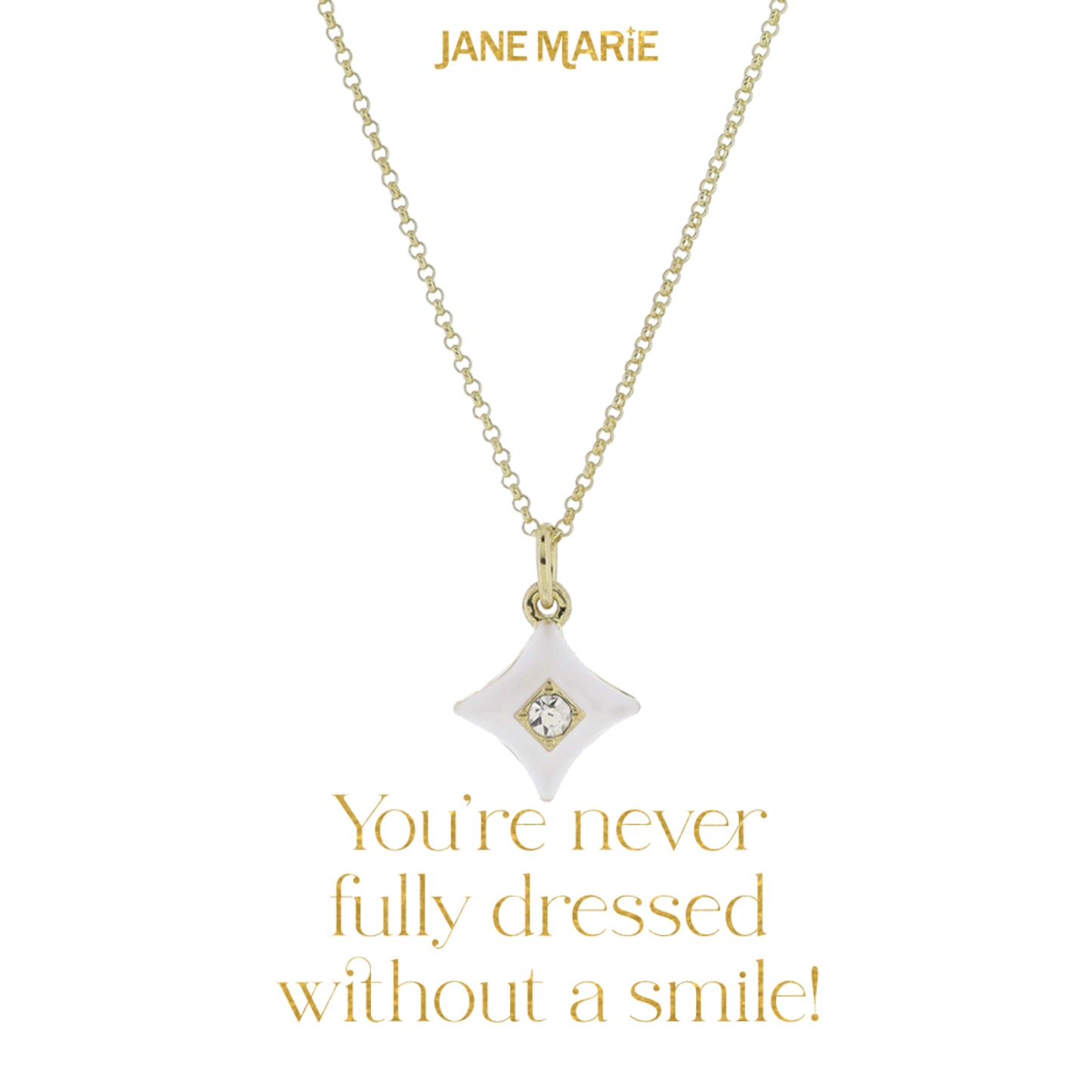 16" White Enamel Pointed Diamond with Mini Center Crystal Necklace, 3" Ext