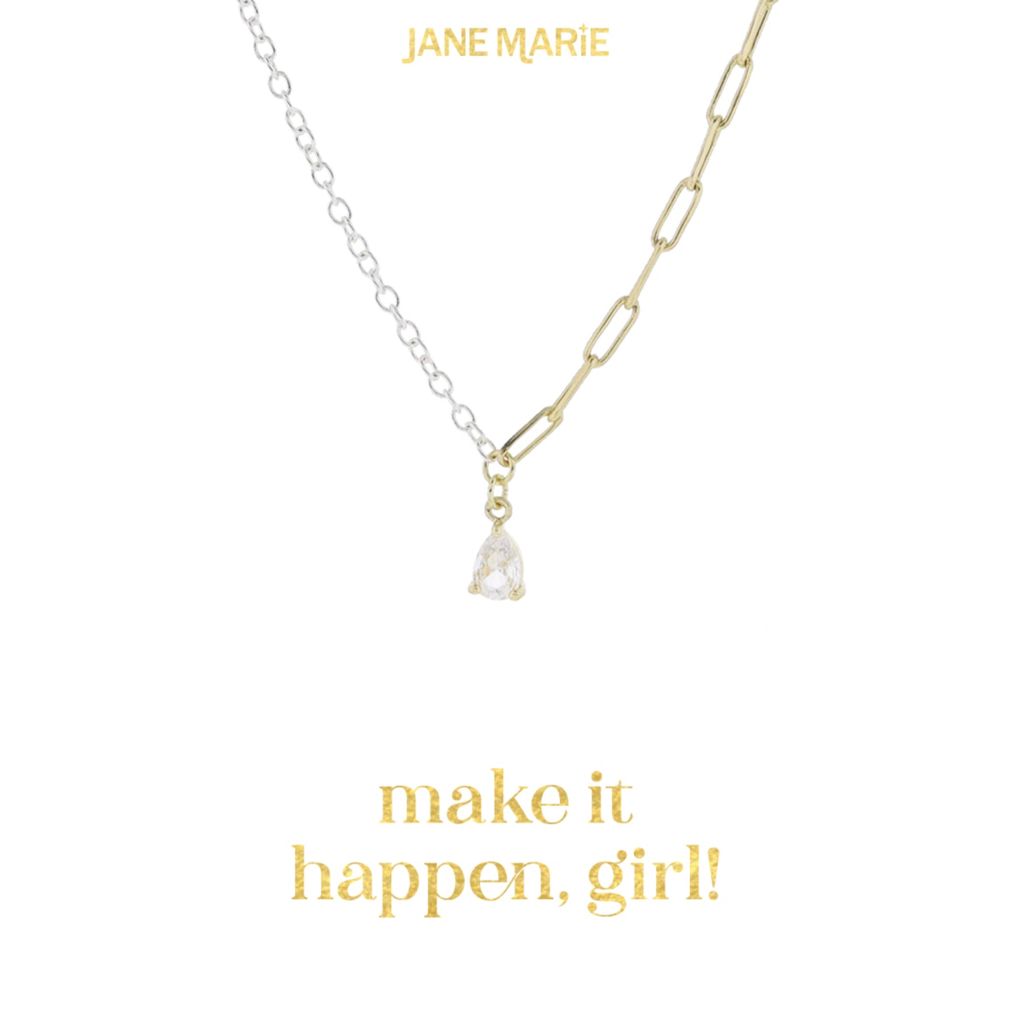 16" Half Silver, Half Gold Chain with Mini Teardrop Crystal Necklace, 3" Ext
