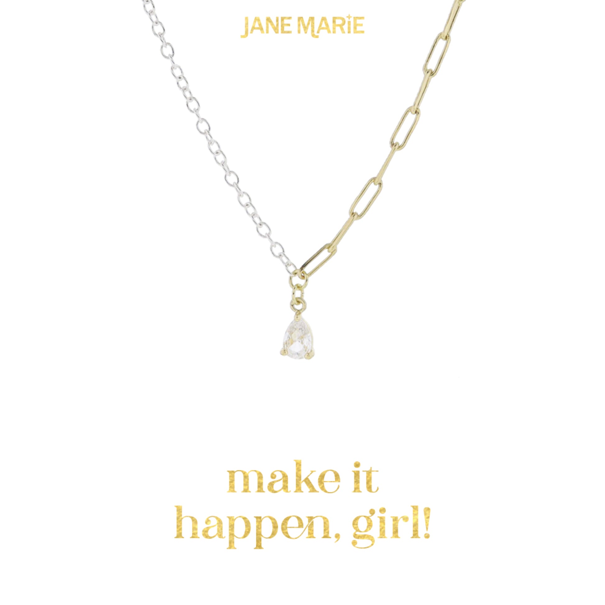 16" Half Silver, Half Gold Chain with Mini Teardrop Crystal Necklace, 3" Ext
