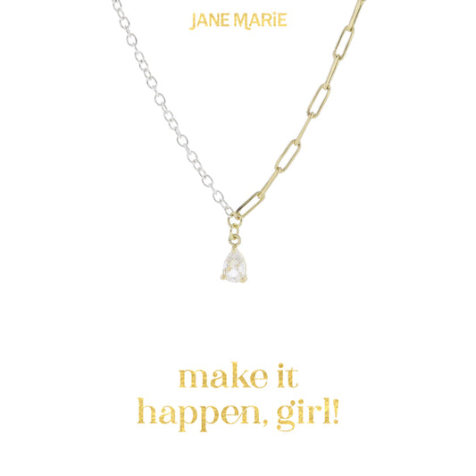 16" Half Silver, Half Gold Chain with Mini Teardrop Crystal Necklace, 3" Ext