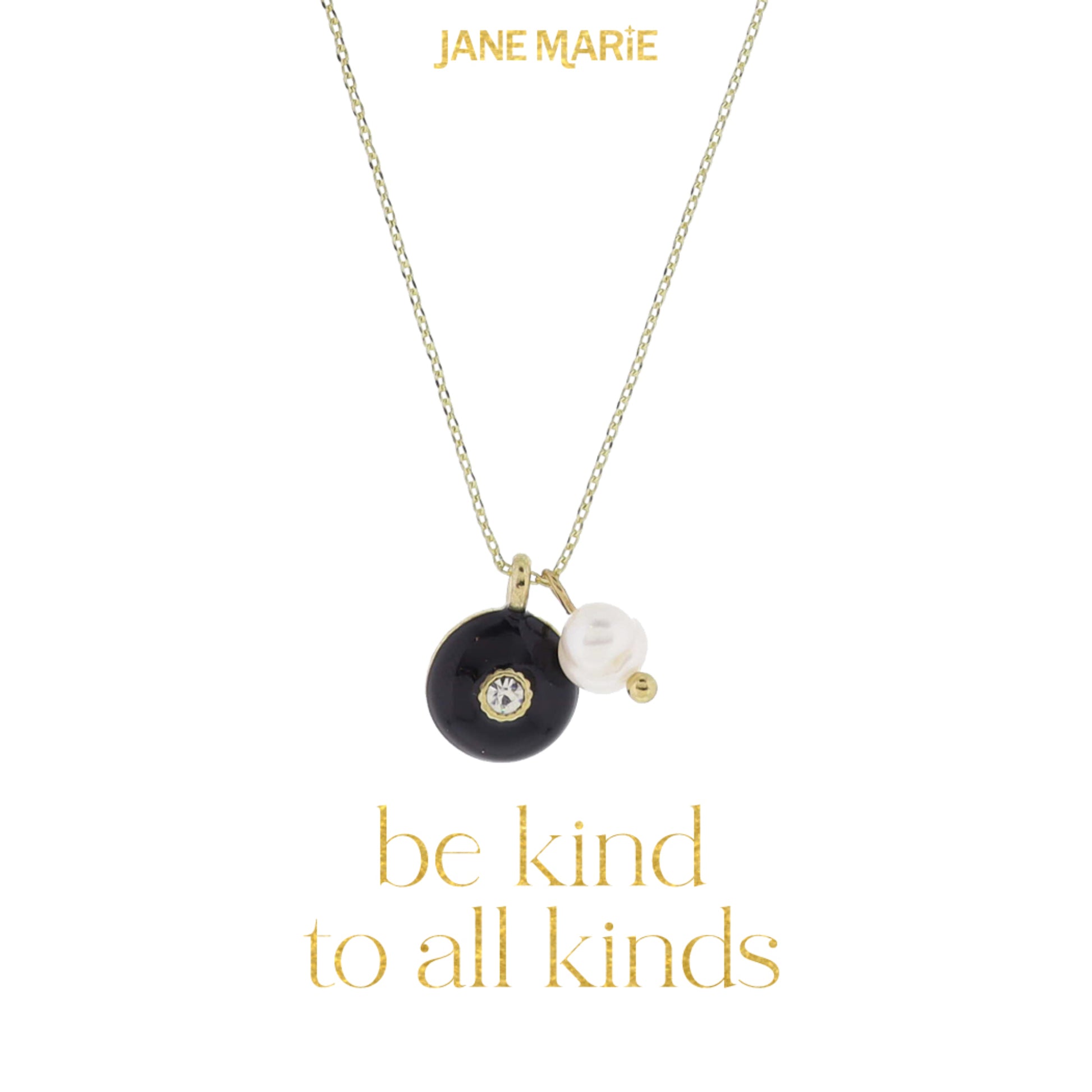 16" Black Enamel Circle with Mini Center Crystal and Pearl Dangle Necklace, 3" Ext