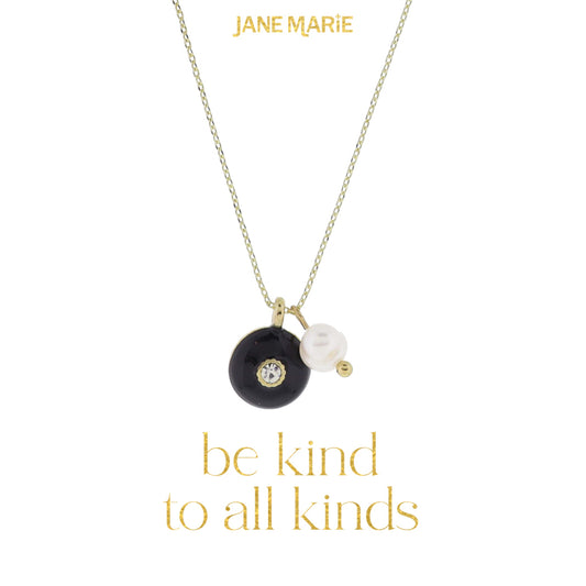 16" Black Enamel Circle with Mini Center Crystal and Pearl Dangle Necklace, 3" Ext