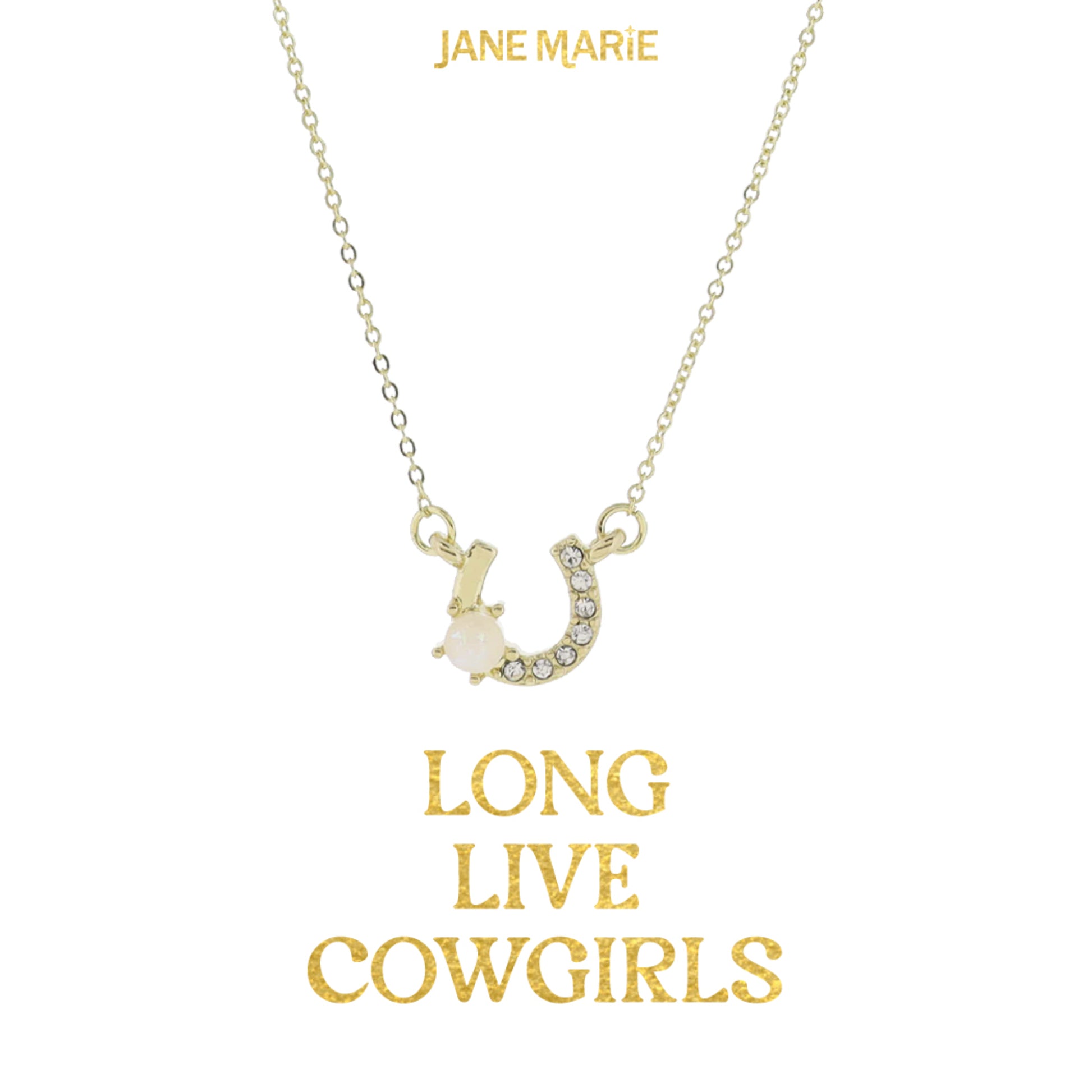 16" Gold Horseshoe with Opal Accent and Pave Crystal Embellishment Necklace, 3" Ext