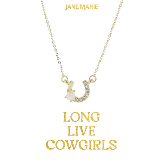 16" Gold Horseshoe with Opal Accent and Pave Crystal Embellishment Necklace, 3" Ext