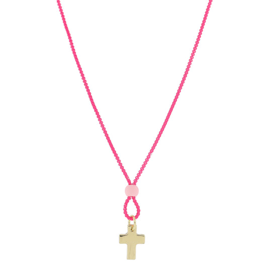 Kids 14" Hot Pink Box Chain with Light Pink Rubber Coated Bead and Gold Cross Necklace, 3" Ext